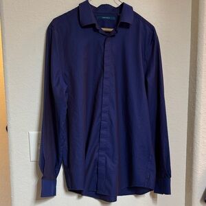 Perry Ellis Men's Navy Blue Dress Shirt Hidden Buttons Sz L